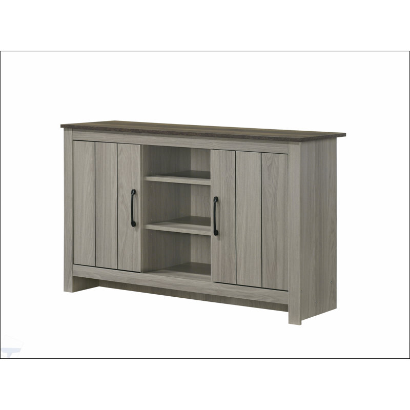 Console en chêne gris de 47 po de largeur avec tablettes et portes d'armoire Nyla pour un rangement et une présentation élégants