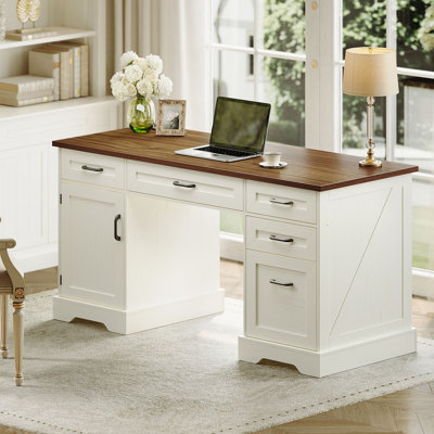 Farmhouse Executive Desk With Recessed Power Outlets, Wood Home Office Desk With Drawers,rustic Computer Writing Desk With Storage Cabinet,vintage-sty by Ophelia & Co.