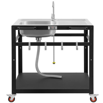 FEASTO 35-Inch Outdoor Grill Cart with Stainless Steel Sink, Rolling BBQ Prep Table with Faucet, Storage Shelves and Lockable Wheels for Patio, Backyard and Outdoor Cooking