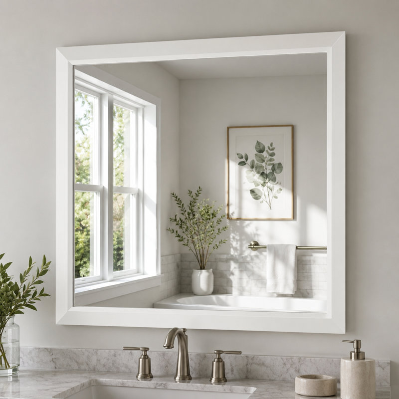 Miroir de salle de bain en verre trempé avec cadre en aluminium blanc et bord biseauté, 36" x 36"
