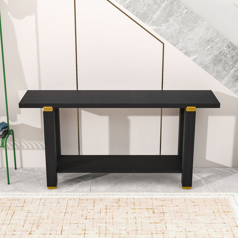 Industrial-Style Console Table with Wood Legs, Durable MDF Top, and Open Bottom Shelf, Black