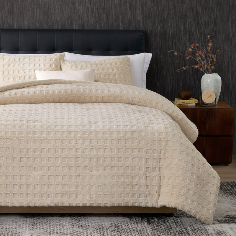 Ensemble d'édredon gaufré moelleux pour l'hiver, Beige, Édredon très grand + 2 taies d'oreiller standard