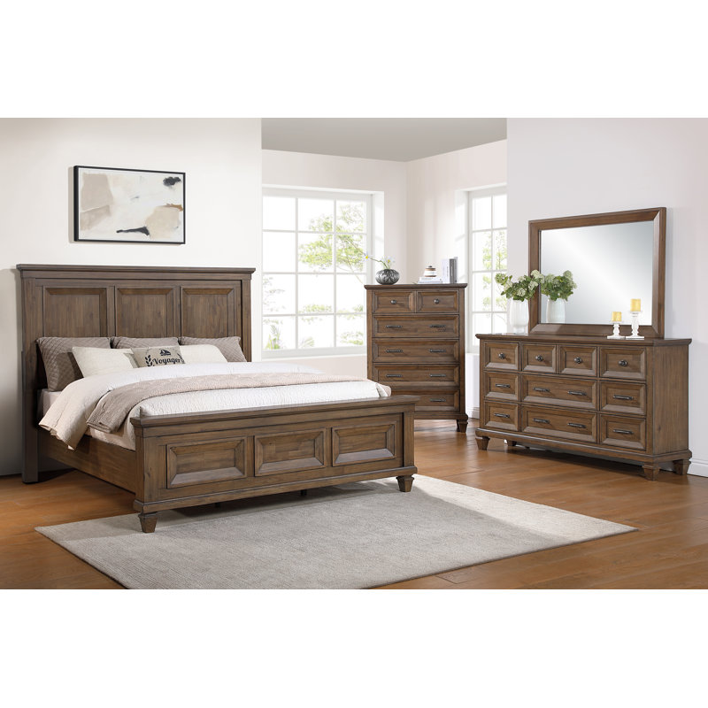 Ensemble de chambre à coucher en bois avec commode 4 pièces Gurkamal, brun moka, Très grand
