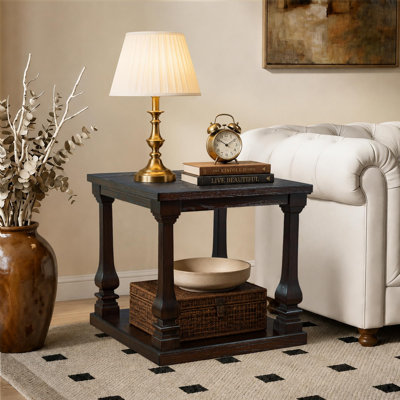 Daney 24.8" Farmhouse Square End Table with 2-Tier Storage Shelf, Solid Wood Carved Legs and Thick Veneer Top, Rustic Side Table for Living Room or Bedroom, Espresso