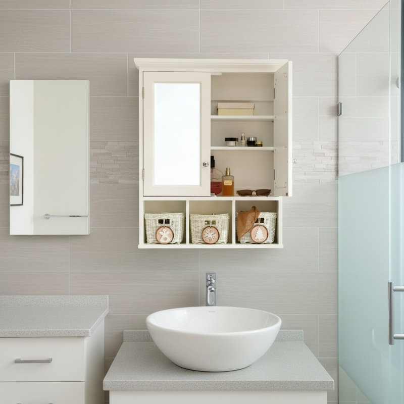 Armoire de salle de bain avec miroir, 2 portes, 2 tablettes réglables et 3 paniers de rangement