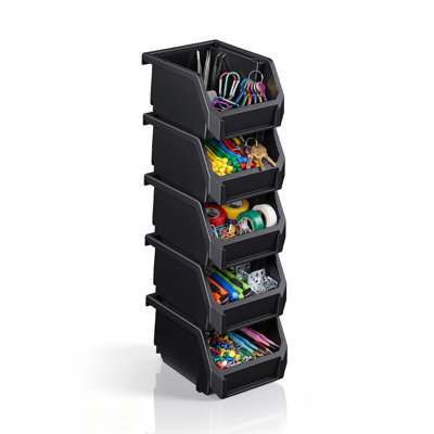 Sorbus 5 Pack Extra Small Open Front Stackable Garage Storage Bin – Heavy Duty Plastic Organizer Tote for Tools, Hardware & Shelving