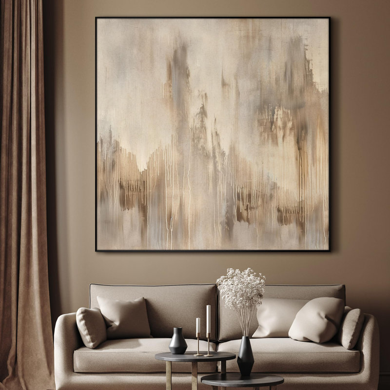 Extra Large Wall Art Fabric Print - Neutral Abstract Soft Beige and Taupe Waterfall-Inspired Illustration Artwork Decor for Living Room or Bedroom - "Frame Assembly Required (Unfinished Frame)"