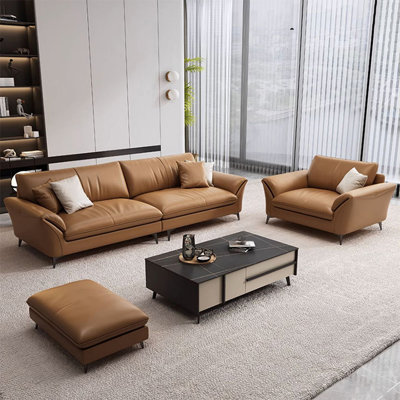 Ensemble de salon en cuir véritable orange 3 pièces