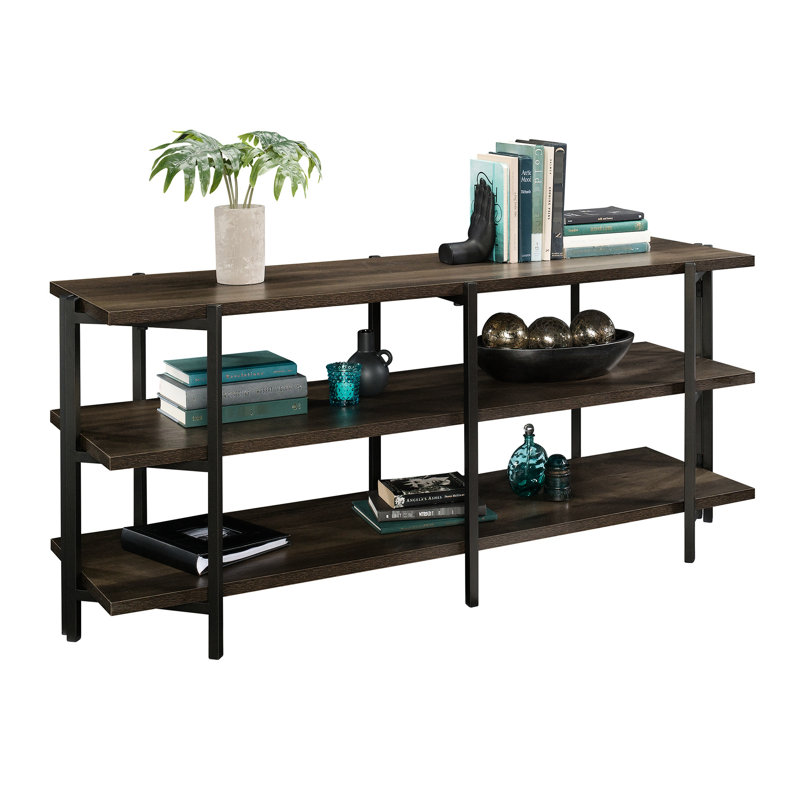Bibliothèque étroite, finition brune, bois d'ingénierie, forme contemporaine, configuration de bureau, 2 tablettes horizontales, 1 po d'épaisseur, cadre, peut accueillir une télévision de 55 po, assemblage sans outils contemporain, utilisation, épais