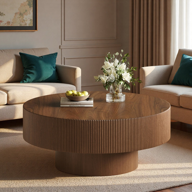 Round Coffee Table With Edge Grooves, Thick Tabletop And Cylindrical Base