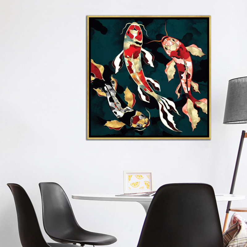 Metallic Koi - impression d'art graphique, 37" H x 37" W x 1.5" D, Gold Framed Canvas, Aucun mat