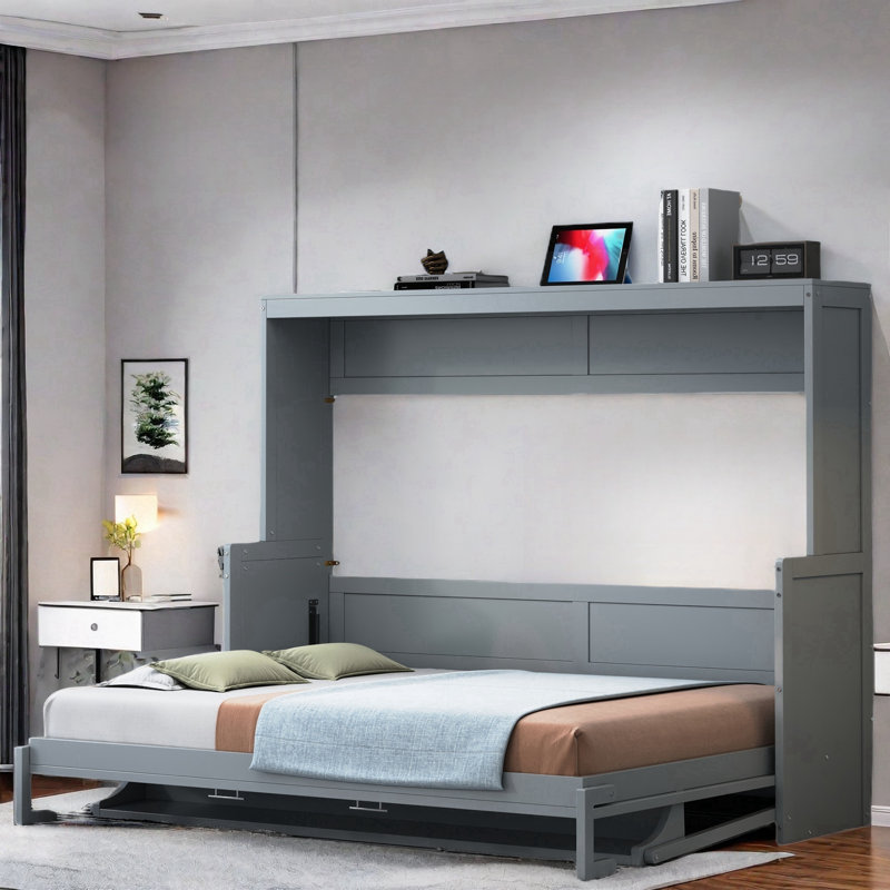 Trevyon Classic Murphy Bed With Hydraulic Lift & Desk Design, Gray, Full