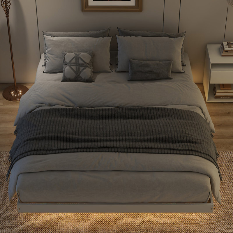 Lit plateforme moderne à profil bas avec lumières DEL, Gris, Grand lit