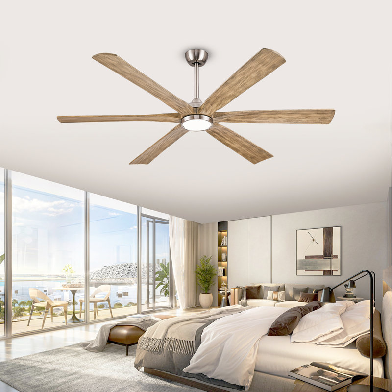 Modern 6 Blade Solid Wood Ceiling Fan With Led Light And Remote, Nickel, Natural, 72" Wide