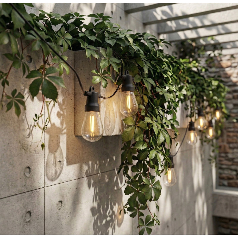 Hybrid 104 ft. Solar Powered & Plug-In LED String Lights Outdoor Patio Waterproof with 48 S14 Shatterproof Bulbs, Dimmable, 3 Color Temps, Remote Control