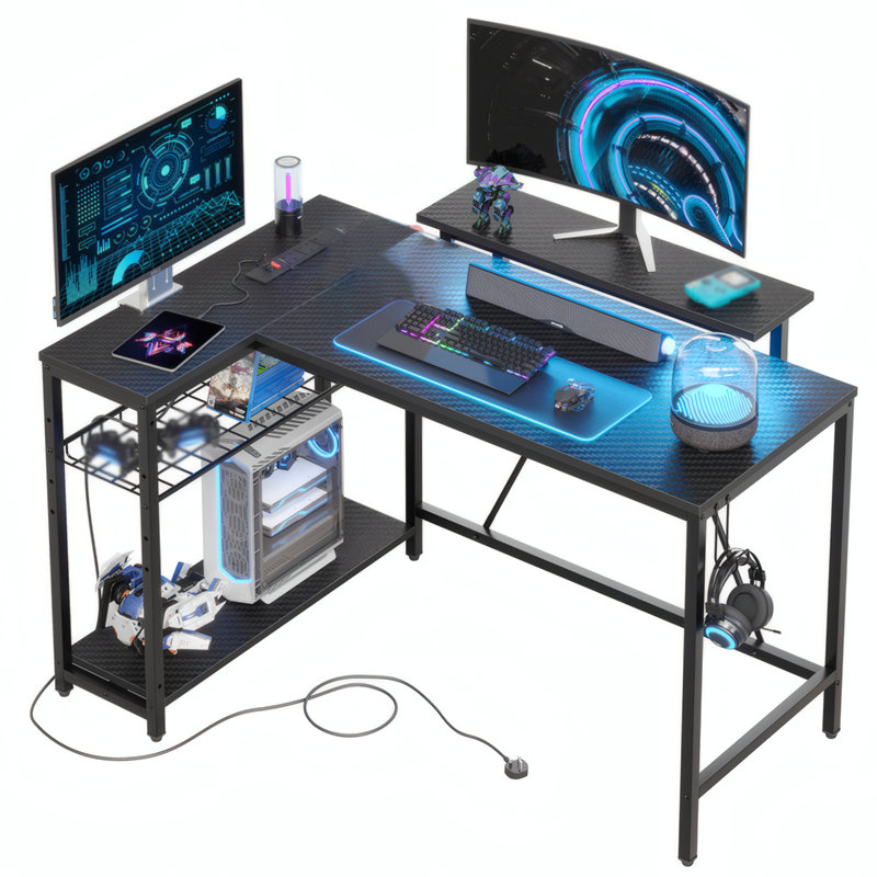Thielsen L-Shaped Steel Computer Desk with Built-In Electrical Outlet, Black