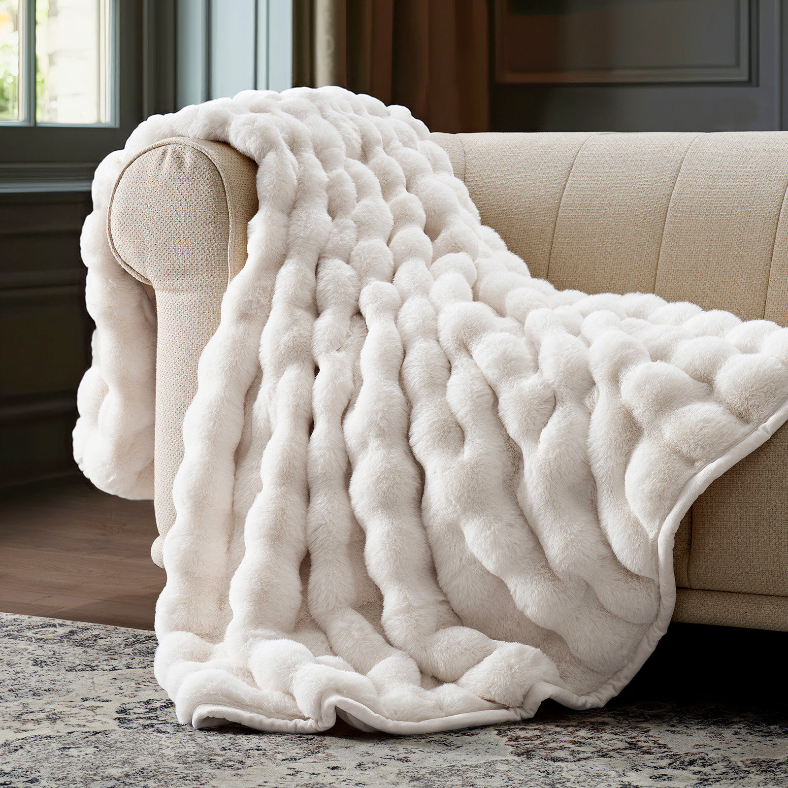 Ridgeline Faux Fur Throw Blanket, 60" L x 50" W, Ivory White
