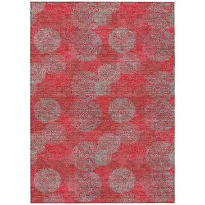 10' X 14' Red Gray Polka Dot Washable Indoor Outdoor Area Rug