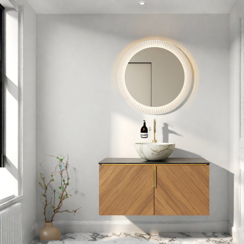 Ensemble de meuble-lavabo spacieux avec lavabo, comptoir en pierre noire au fini chêne brun