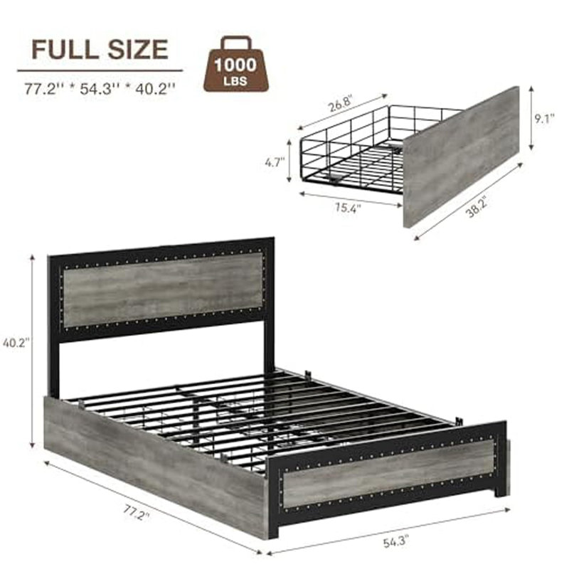 Industrial Platform Bed Frame With 4 Storage Drawers And Charge Station, Full, Dark Gray