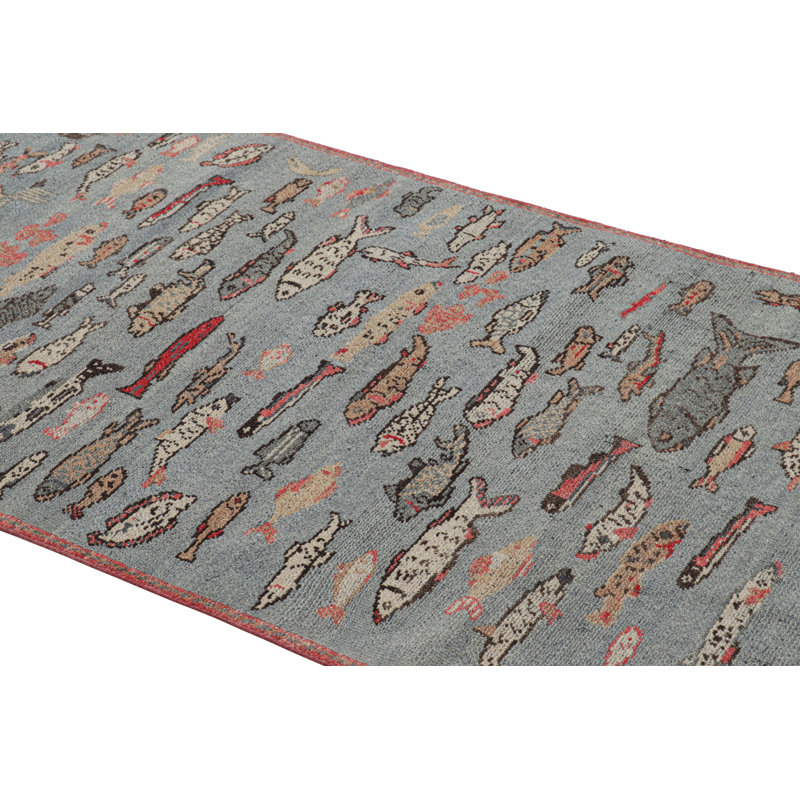 Rug & Kilim’S Custom Runner Rug In Blue With Colorful Fish Pictorials, Runner 3' x 14'