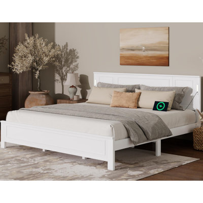 King Size Bed With Tall-panel Headboard & Footboard, Built-in Led Lights, Usb Charging Station