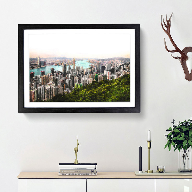 Hong Kong Skyline - Picture Frame Painting Print, Black Framed, 33cm H x 45cm W x 2cm D