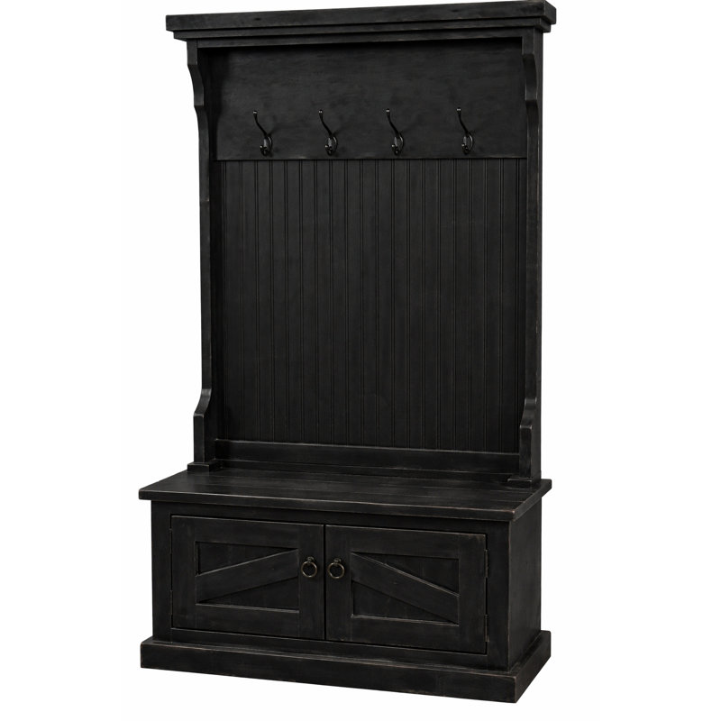 Arbre d'entrée en bois massif Kinley avec banc et rangement pour chaussures, Noir antique