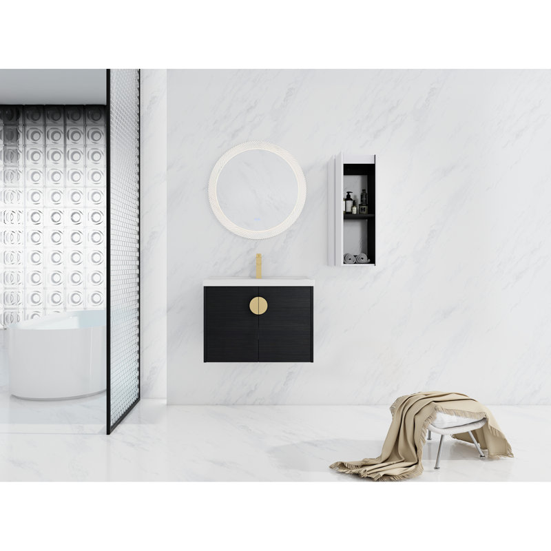 Meuble-lavabo de salle de bain avec lavabo en céramique et tablette latérale - Châtaignier noir, équipement de configuration moderne de 28 po
