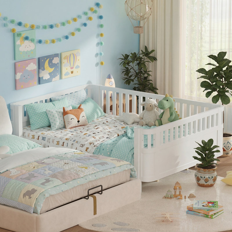 Lit plateforme pour enfant à profil bas avec rails de sécurité, base de lit pour tout-petit amovible, support à lattes de bois, blanc, grand