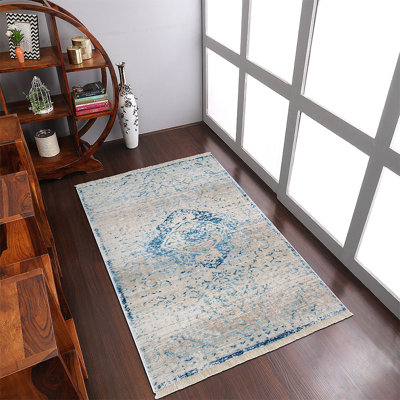 Crayton Machine Made Polyester Area Rugs - Blue Color, Oriental Design, Low Pile Machine Made Area Rugs for Living Room, Bed Room