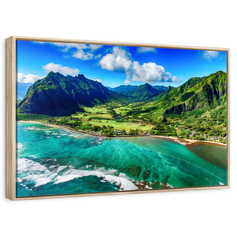 Paysage côtier de Kualoa, Cadre flottant en bois naturel, 37 po x 25 po