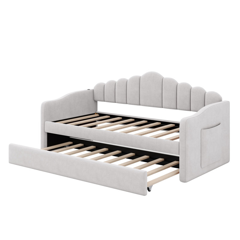 Upholstered Daybed With Trundle, With USB Charging Ports, Beige