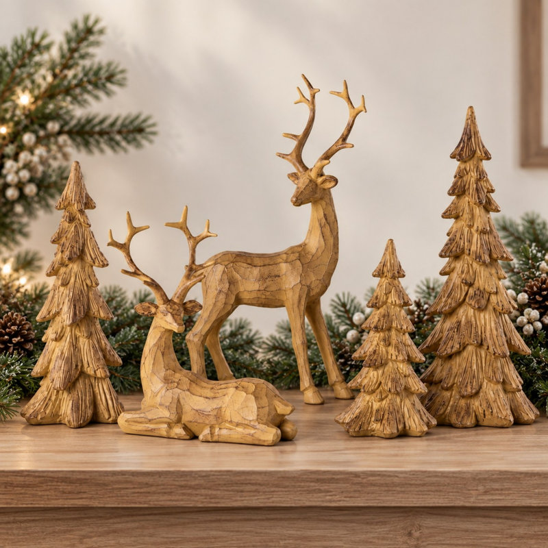 Ensemble de 5 décorations de Noël en résine imitation bois : rennes et sapin