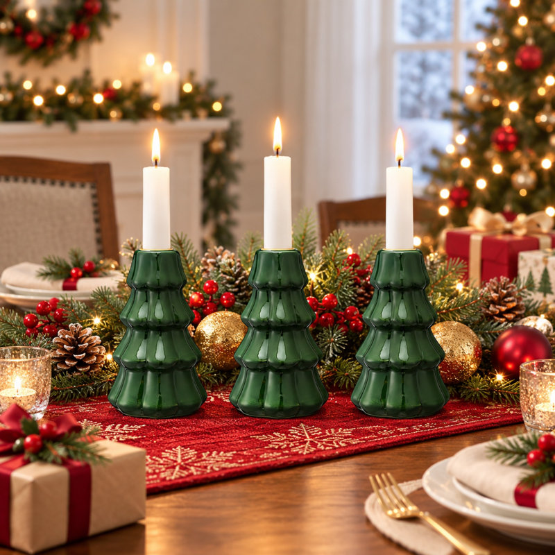 Ensemble de porte-bougie 3 pièces arbre de Noël en céramique vert