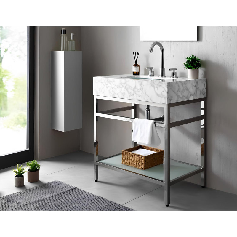 Meuble-lavabo 30 po en marbre de Carrare naturel avec lavabo, structure en acier inoxydable argenté et tablette en verre, 30"