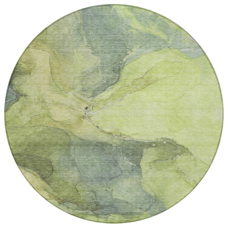 Machine Washable Indoor/Outdoor Xhevrie Green Rug, Round 8'