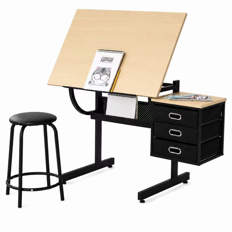 Maple tabletop  Adjustable drafting  drawing table for Crafting, Reading, Writing with stool and 3 Storage drawers