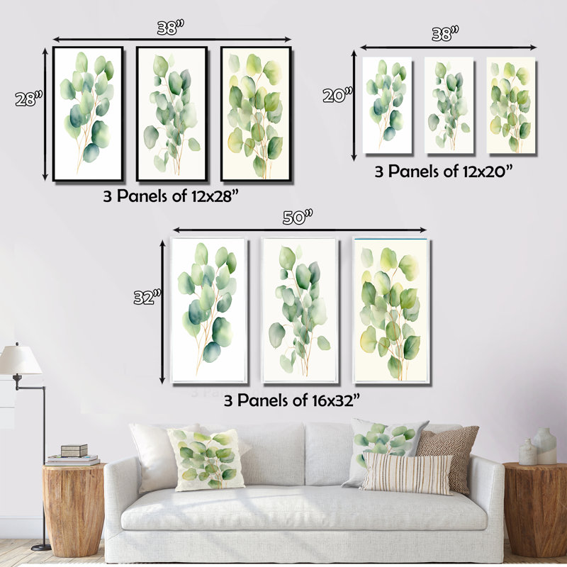«White Green Minimalisme Eucalyptus Essence» 3 - pièces sur toile, Cadre flottant noir, H 28 po x l 36 po