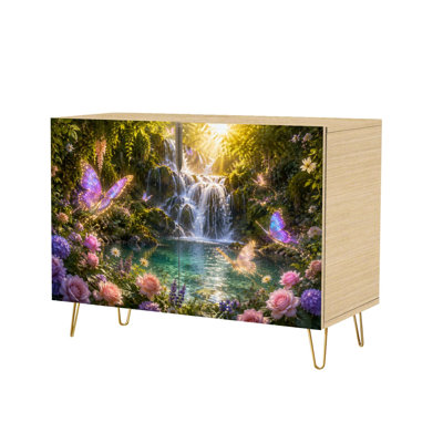 Buffet moderne et fleuri, orné d'une cascade magique, avec deux portes de rangement dissimulées. Meuble-la console d'appoint, peu encombrant et autoportant, idéal pour le salon, la cuisine, l'entrée ou le coin café.