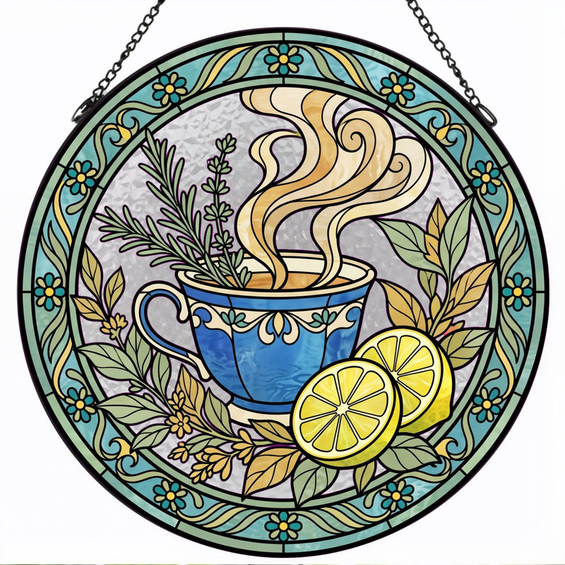 Tea Cup Stained Glass Window Panel，7.8H, 7.8"H