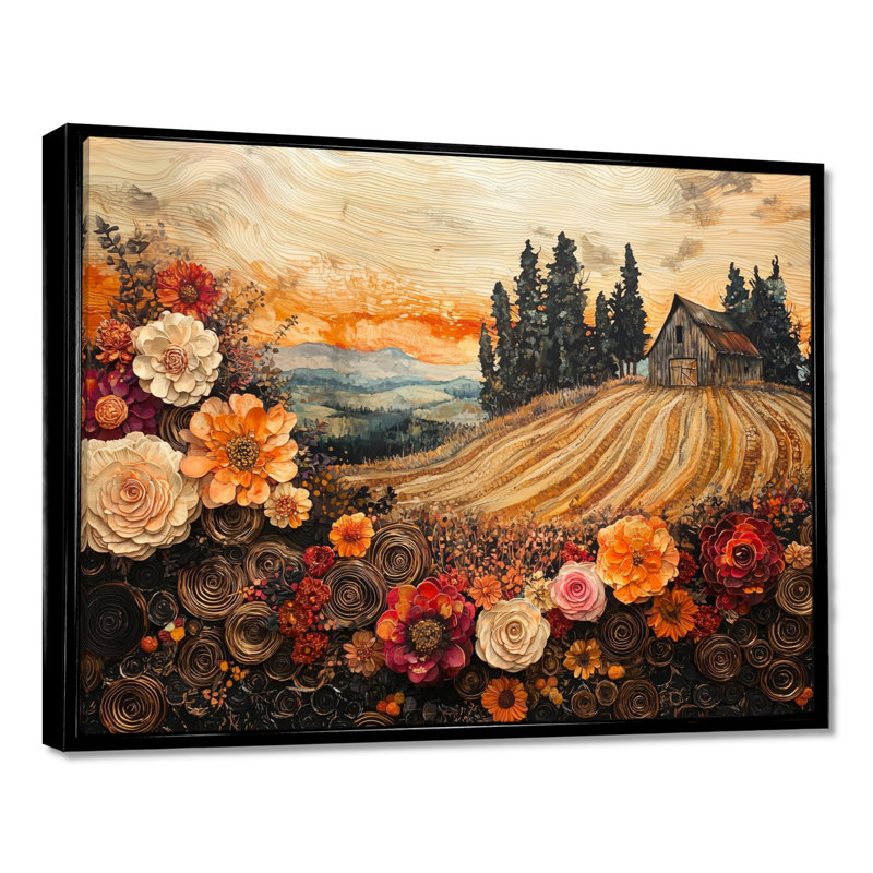 Assortiment de bouquets de fleurs, paysage de grange II - campagne, art mural, Noir, H 12 po x l 20 po, Cadre flottant