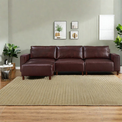 Modern Burgundy Sectionals With Convertible Ottoman, Breathable Pu Leather Couch