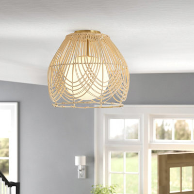 14.17" Rattan Dome Semi Flush Mount Light with Polished Brass Base, Dimmable & ETL Certified