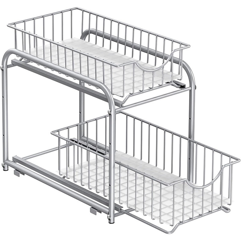 2-Tier Under Sink Pull-Out Organizer – Stackable Sliding Basket Drawers For Kitchen And Bathroom, Metallic Silver