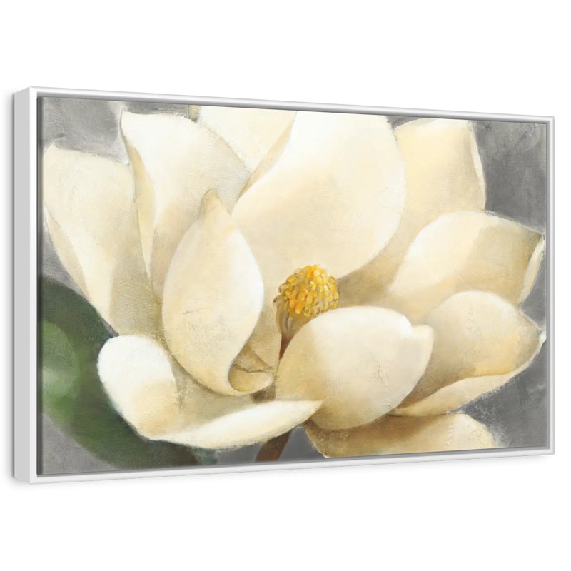 Fleur de magnolia sur fond gris, Cadre flottant blanc, 19 po x 13 po