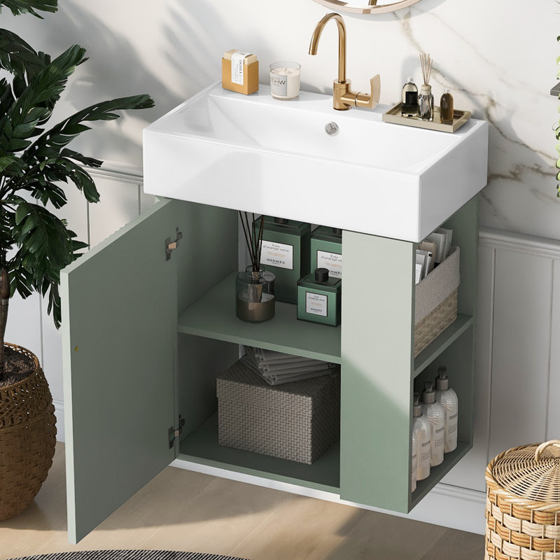 Meuble-lavabo flottant moderne avec lavabo en céramique 21,6 po Mahyar, Vert