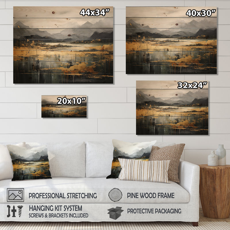 Gris et jaune, paysage de montagne abstrait IV - paysage abstrait sur bois, H 24 po x l 32 po