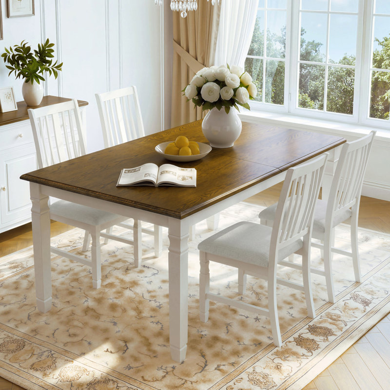 Ensemble de table de salle à manger extensible 5 pièces pour 4 personnes, table de placage en chêne de style campagnard et 4 chaises à dossier en lattes rembourrées, ensemble de salle à manger à structure compacte en bois d'hévéa massif