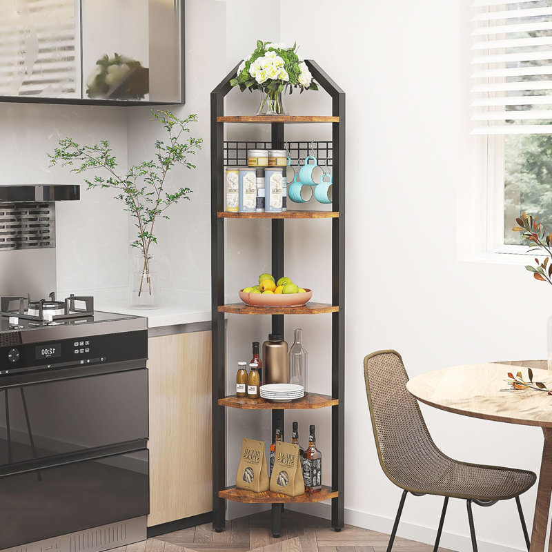 176cm H x 31cm W Metal Corner Bookcase, Rustic Brown